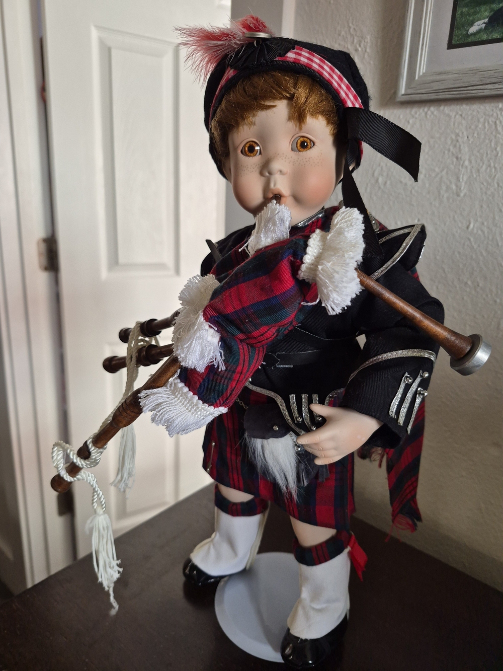 Red Plaid Scottish Bagpiper Kids Doll with Traditional Costume